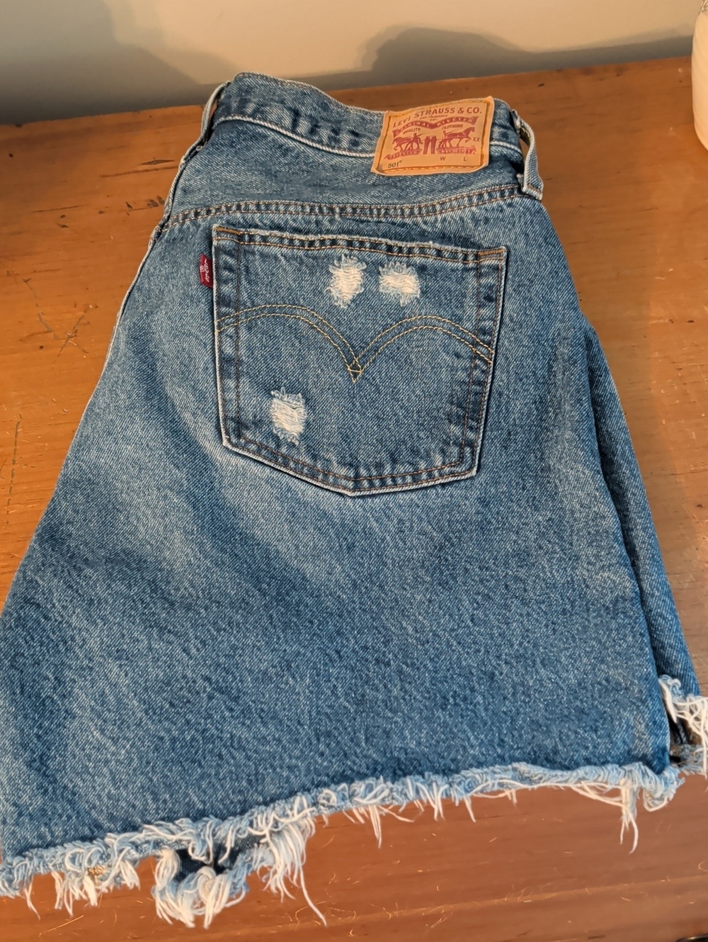Levi's 501 Blue Distressed Denim Shorts Frayed Hem